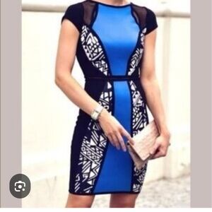 River Island Blue & Black Tribal Print Bodycon Mini Dress Y2K Bold Geometric